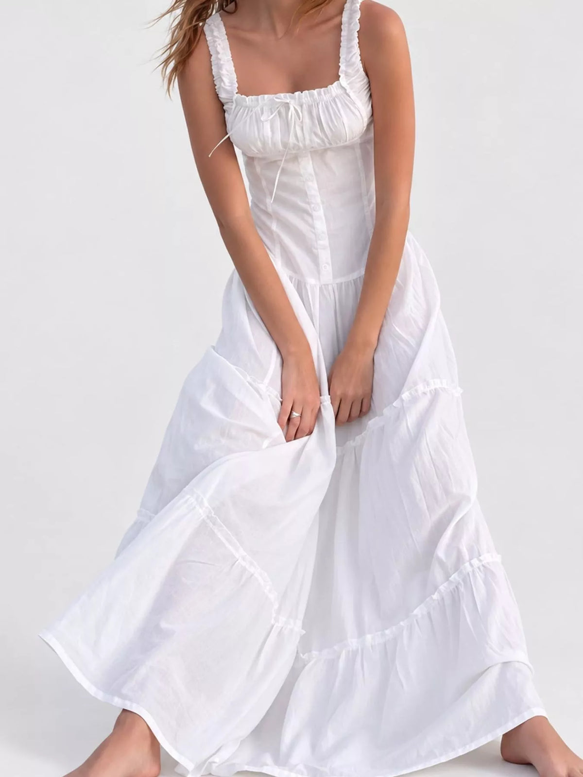 Women's Ruffled Square Neck Tiered Maxi Dress in white — front view