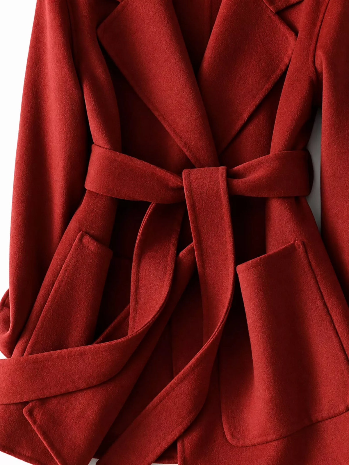Red belted double-sided wool coat, lapel, tie belt, and patch pockets