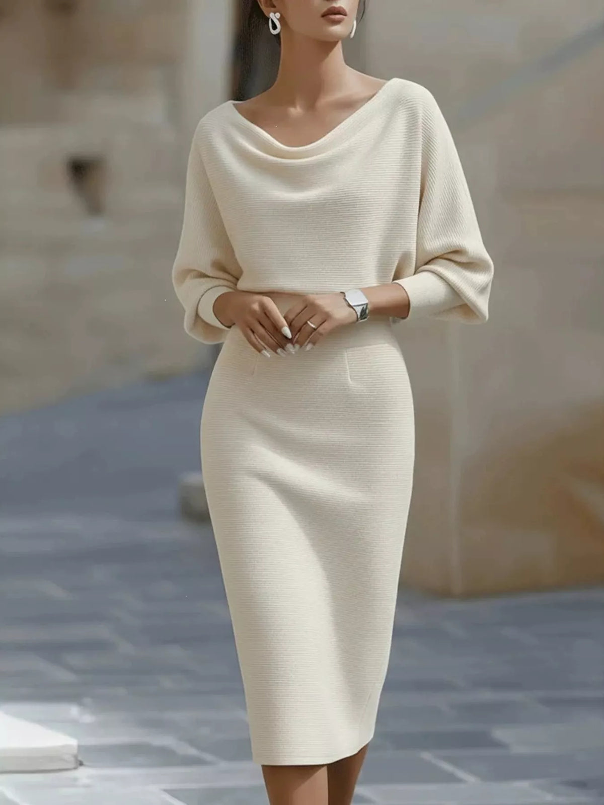 Cowl neck 3/4 sleeve knee dress, front view on model