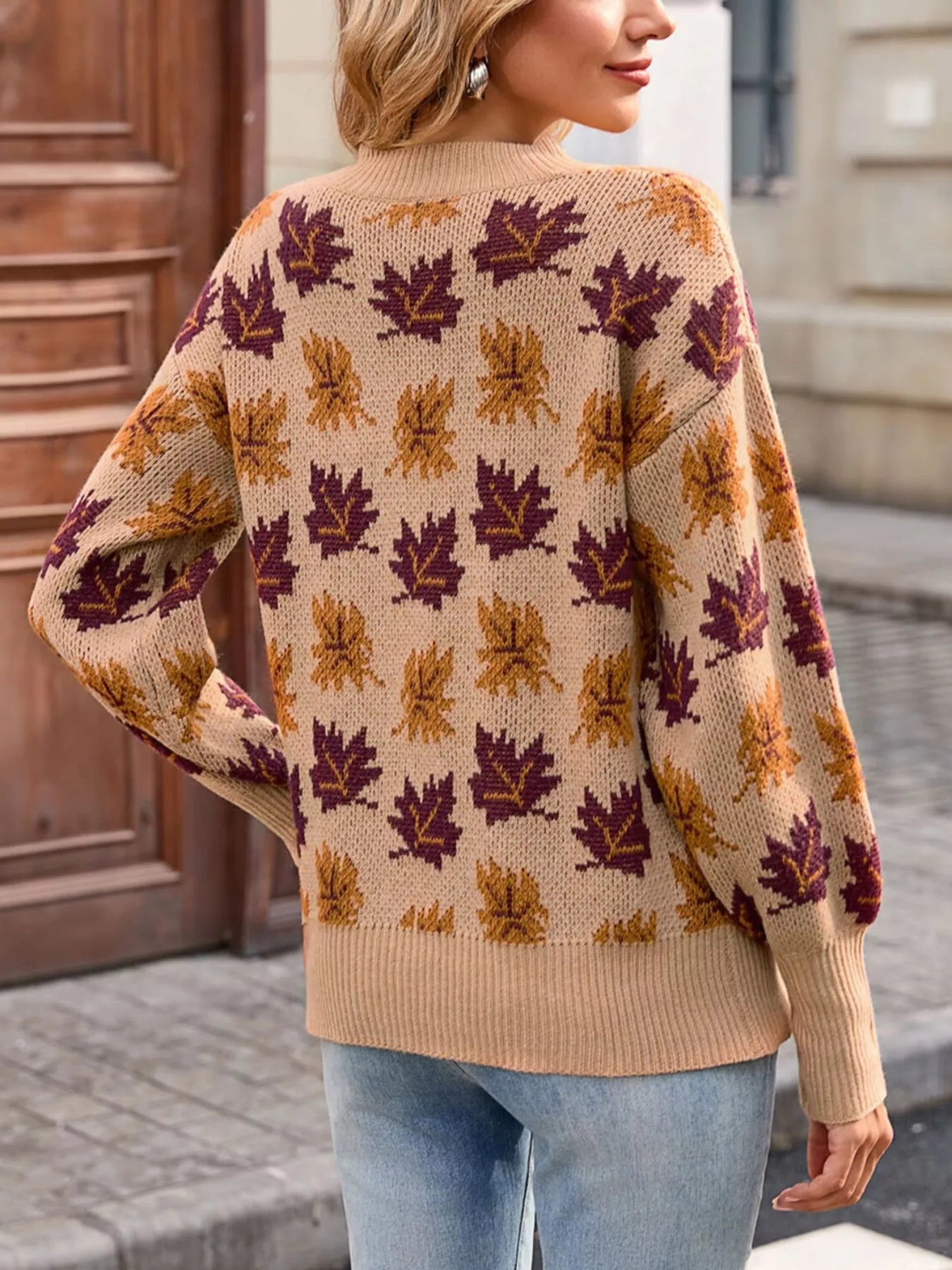 Trendsi Autumn Leaf Pattern Mock Neck Sweater -
