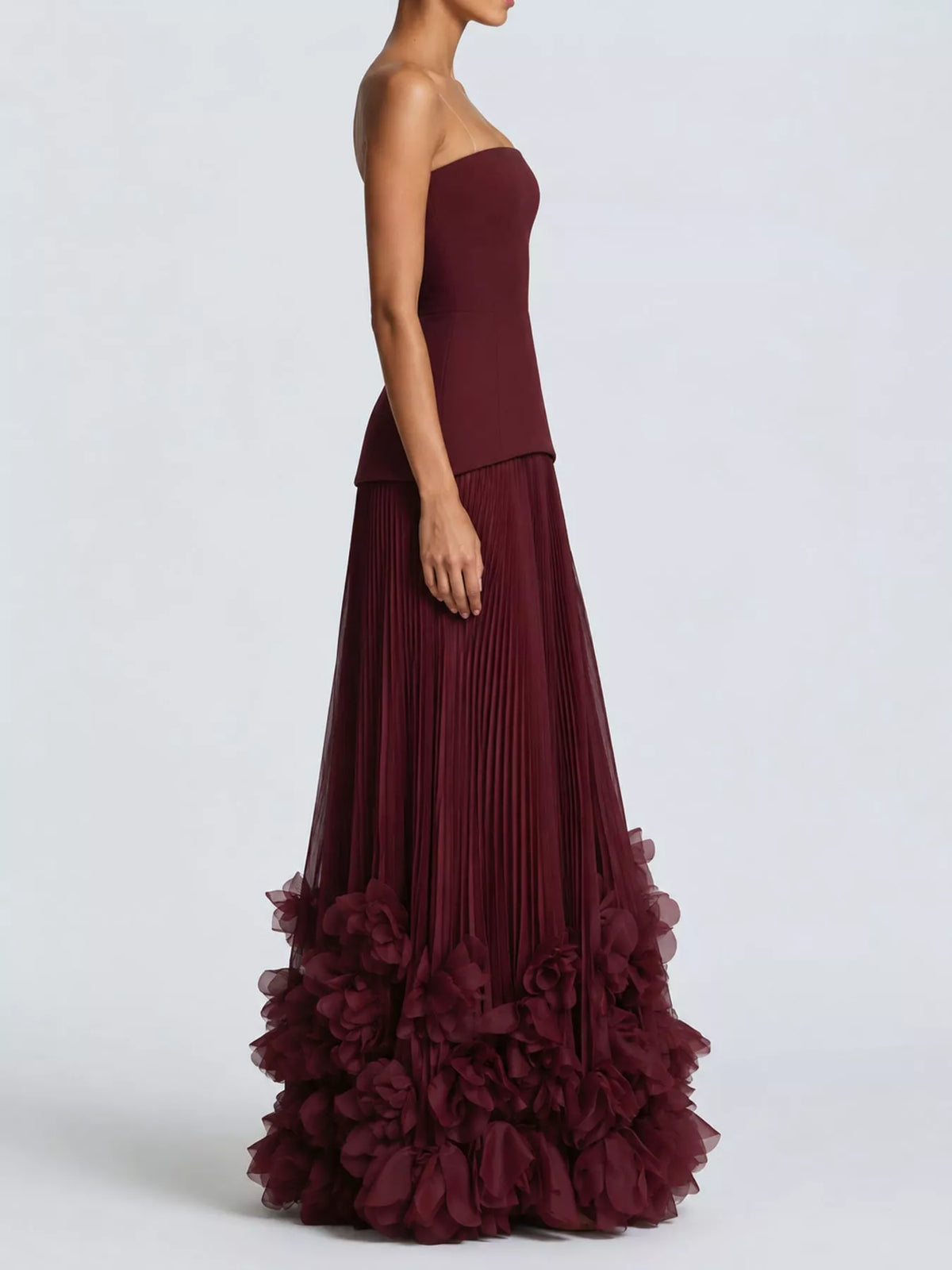 strapless maxi dress, side view