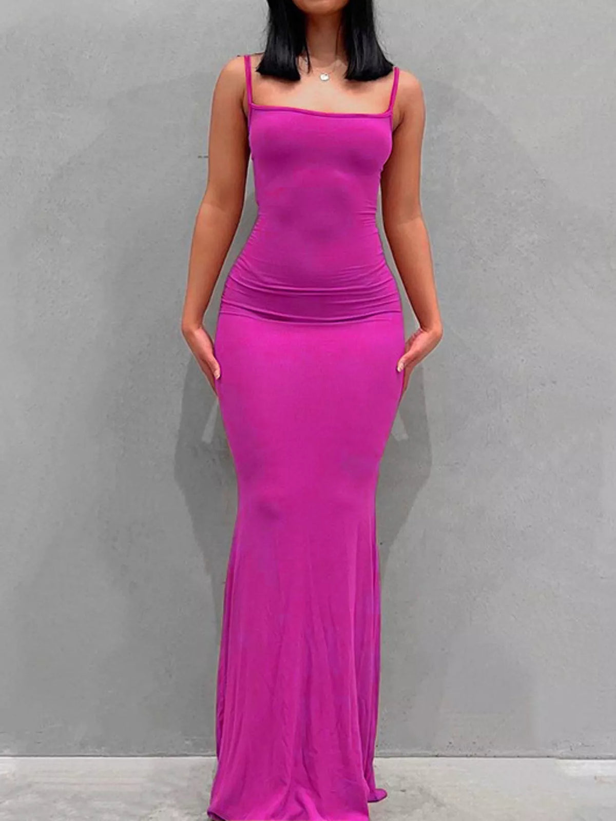 Square neck spaghetti-strap maxi dress, front view on model