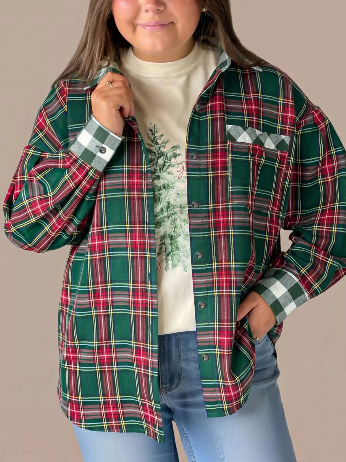 Plaid button-front shirt, green red plaid front