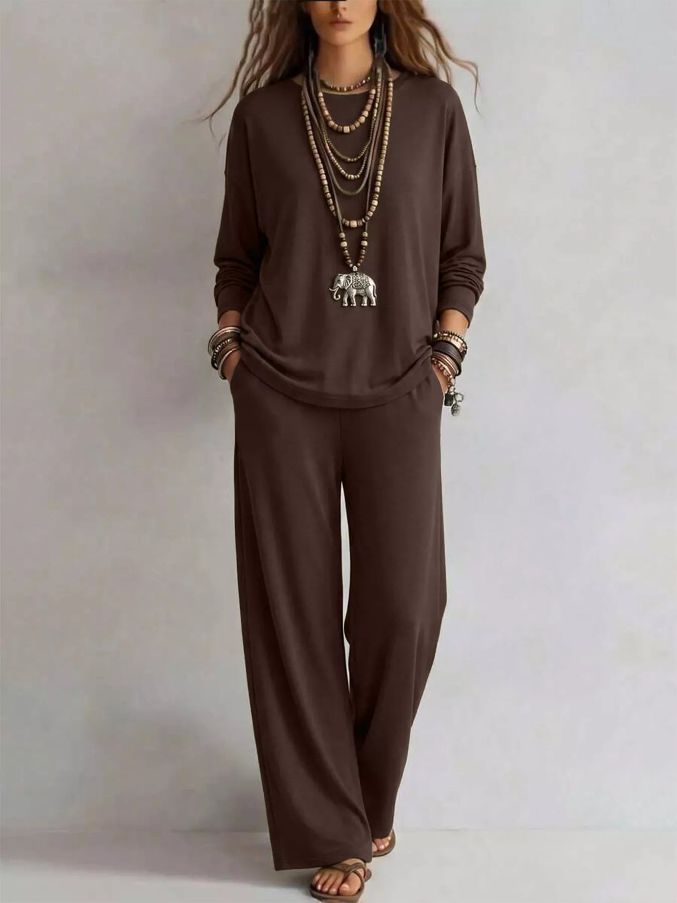 Trendsi Round Neck T-Shirt and Wide-Leg Pants Set -