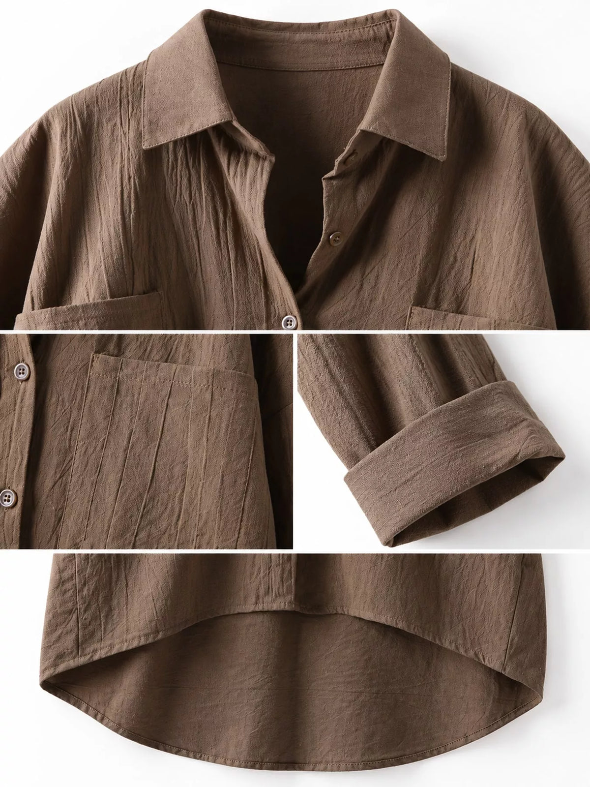 Cotton chest-pocket shirt, brown collar button cuff and high-low hem details