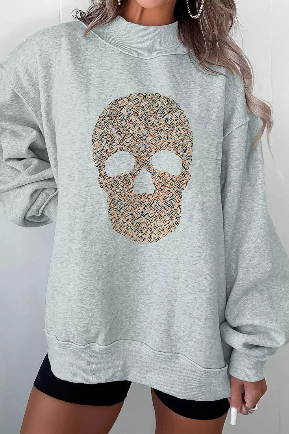 Trendsi Halloween Rhinestone Skull Graphic Mock Neck Baggy Pullover Sweatshirt -