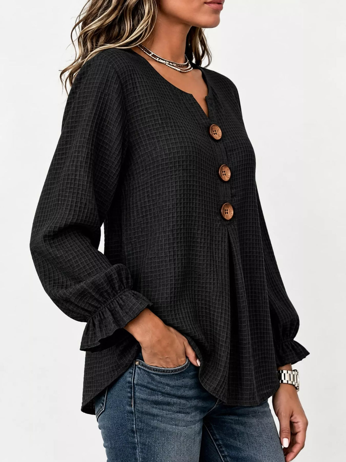 Women's Waffle Knit Flounce Sleeve Blouse in black — side view