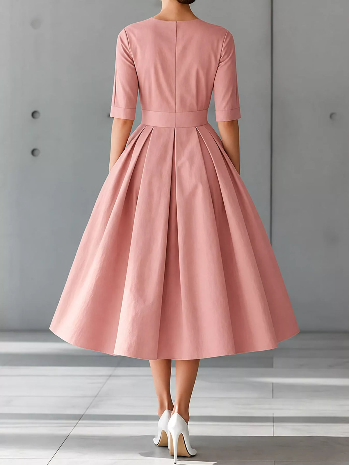 Round neck short sleeve midi dress, back view