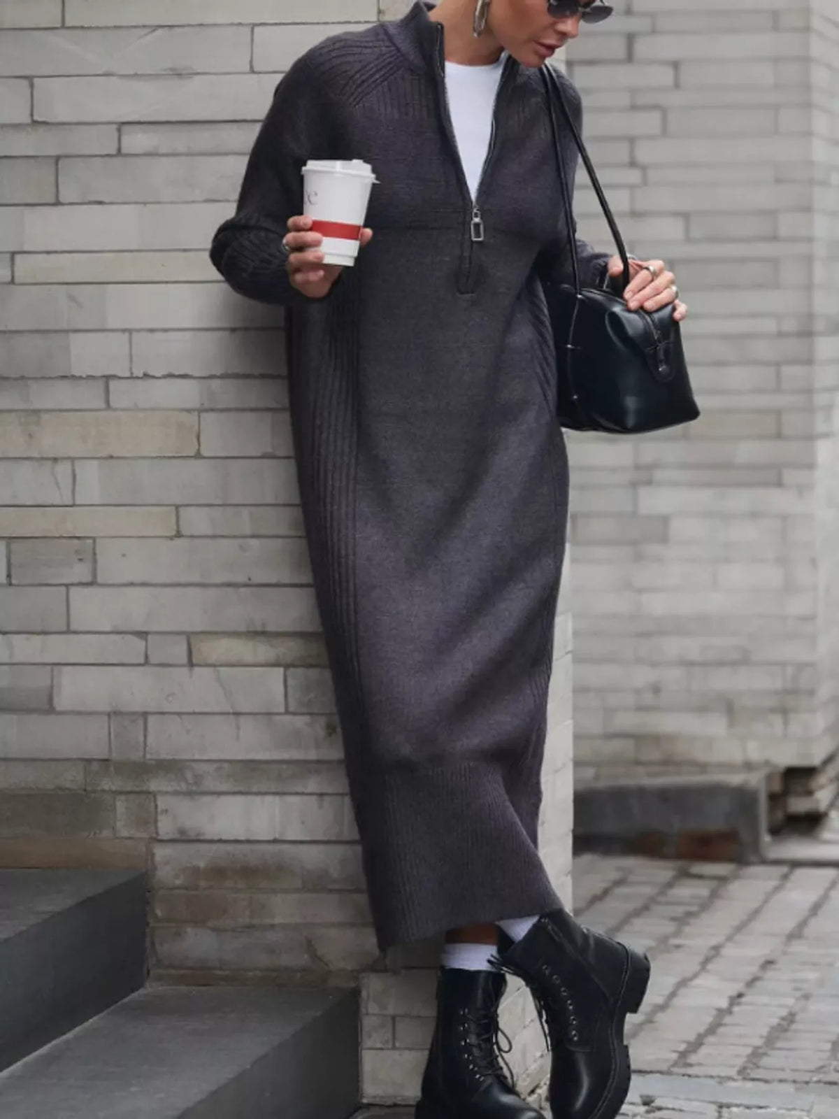 Charcoal half-zip ribbed knit sweater dress — front view