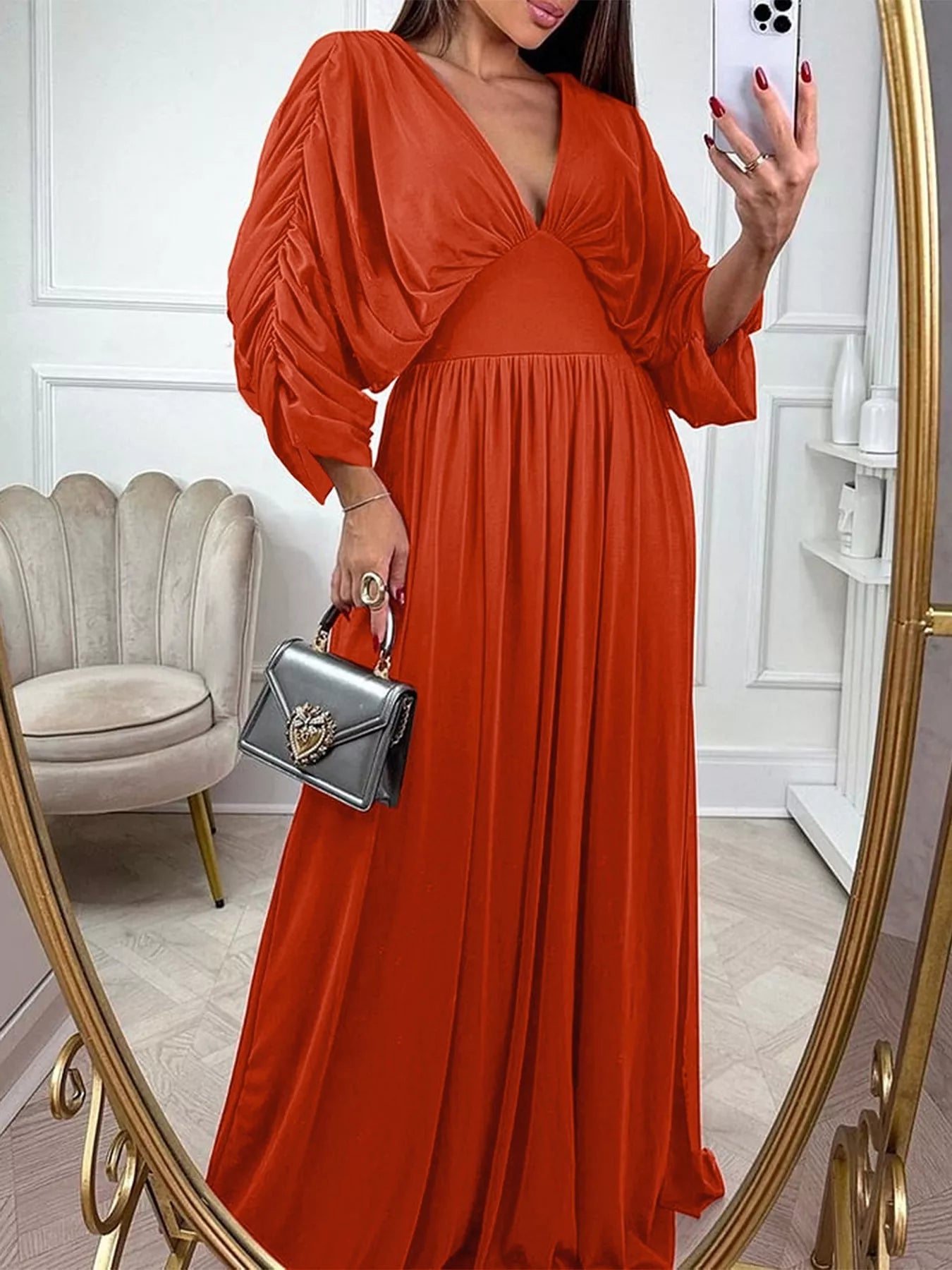 Trendsi Smocked Ruched Sleeve Maxi Dress -
