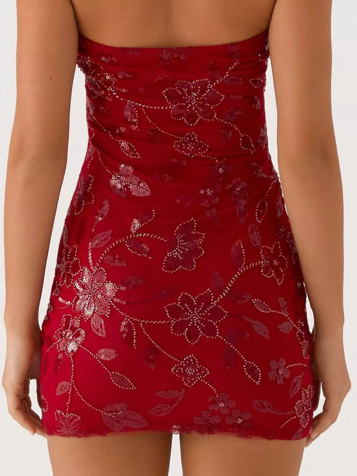 strapless mini dress, back view