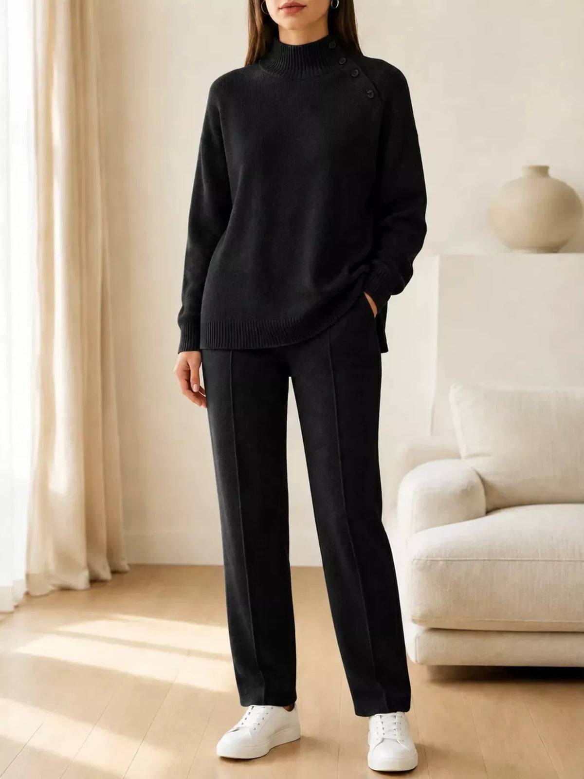 Black mock neck button-detail sweater and pants set — front view