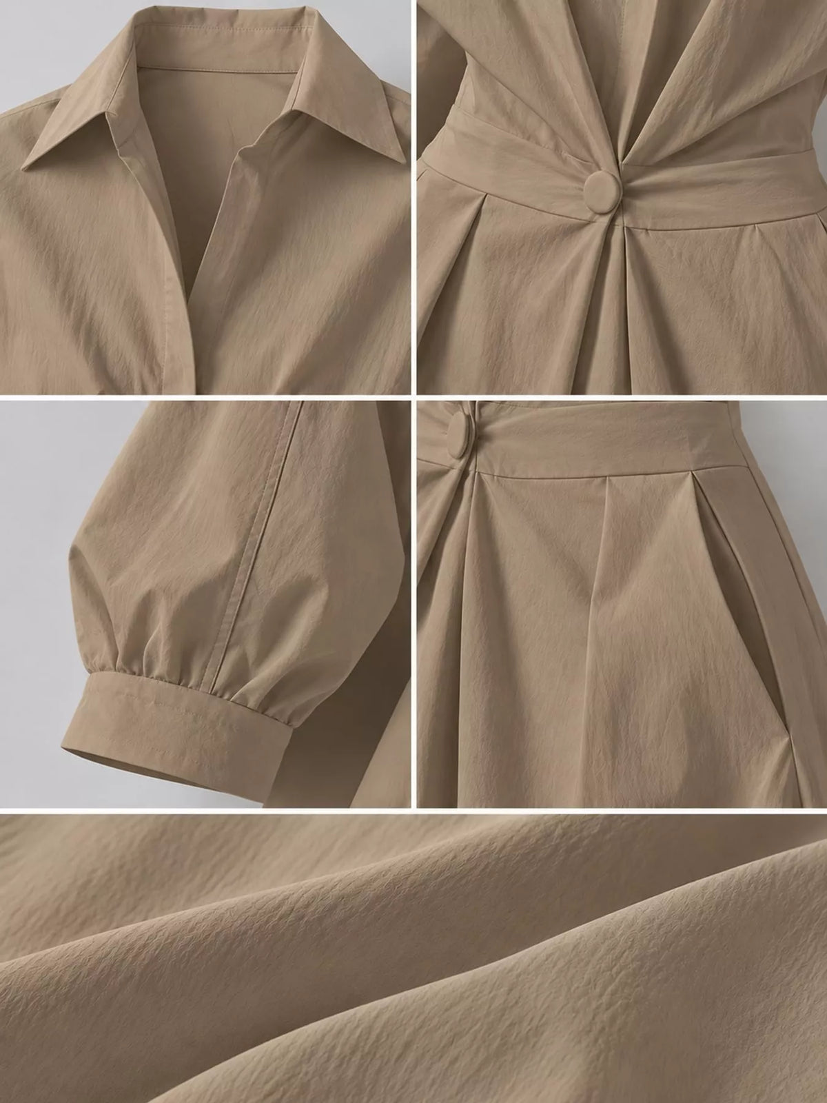 Collared Three-Quarter Sleeve Midi Shirt Dress — construction details