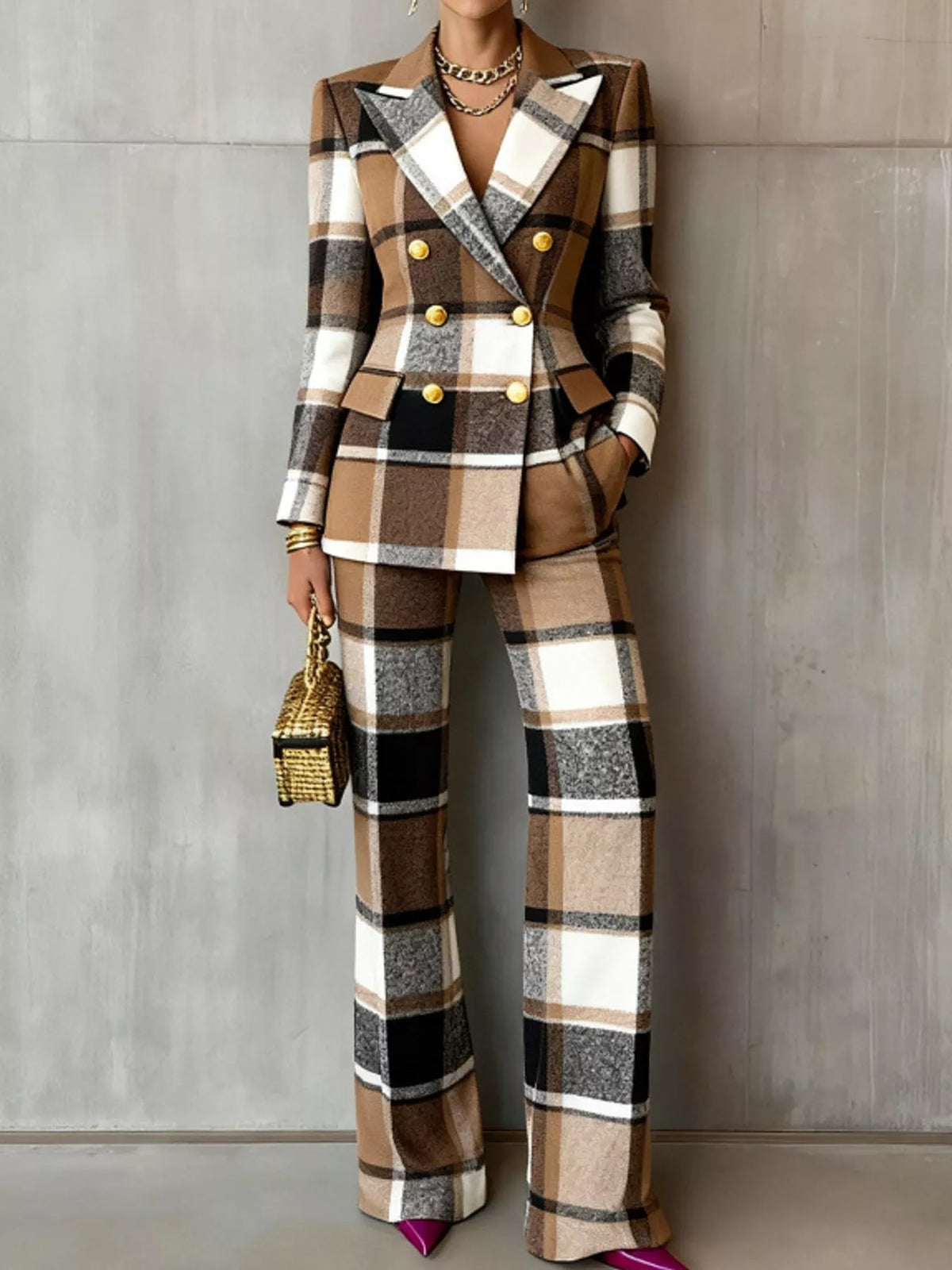 White and brown blazer and pants set