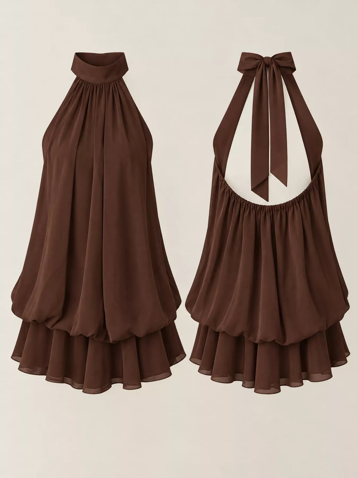 Brown halter neck layered mini dress, front and back product views