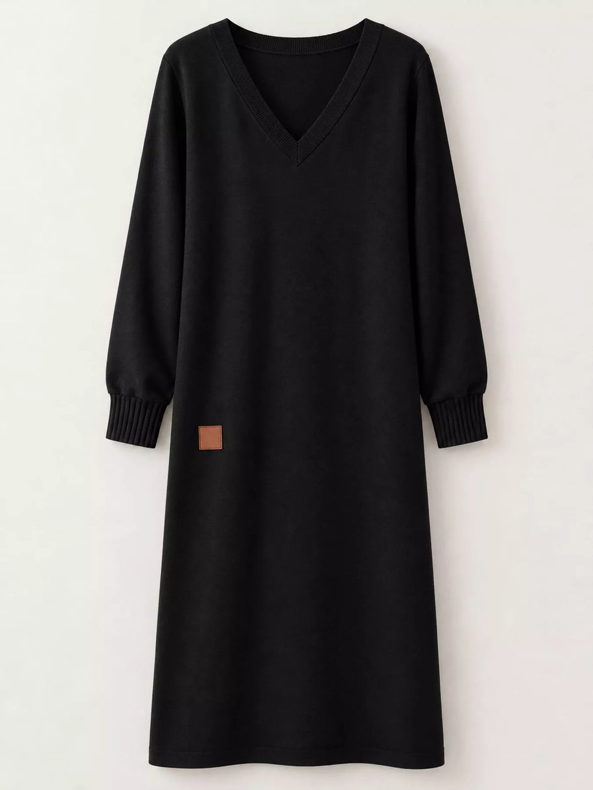 Women's V-Neck Long Sleeve Midi Dress in black — flat lay view