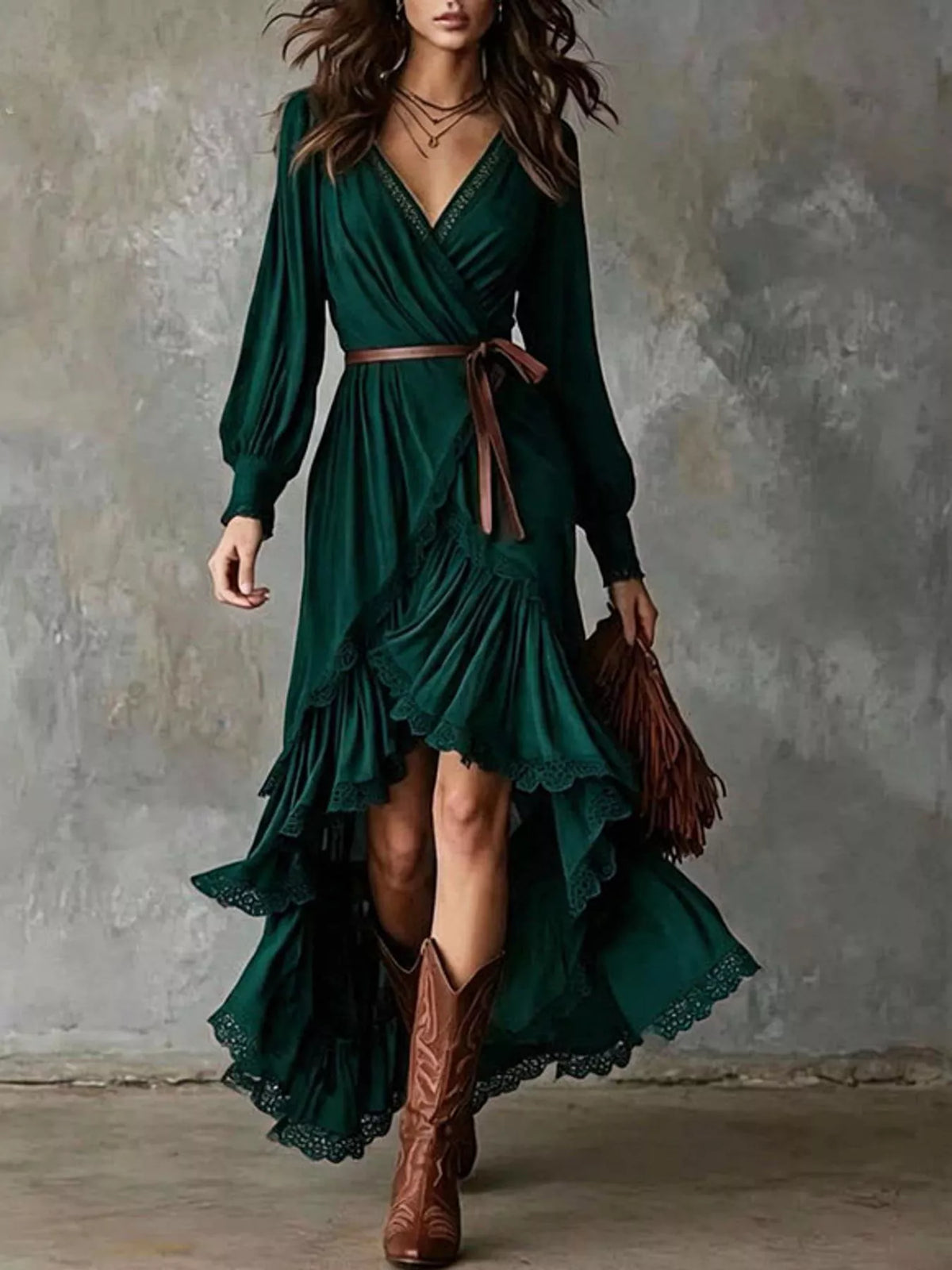 High-Low Hem Surplice Dress in green
