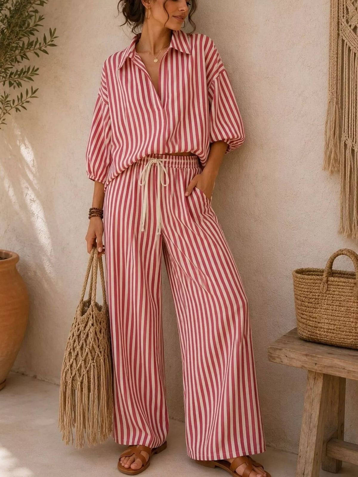 Pink striped shirt and wide-leg pants set, front view