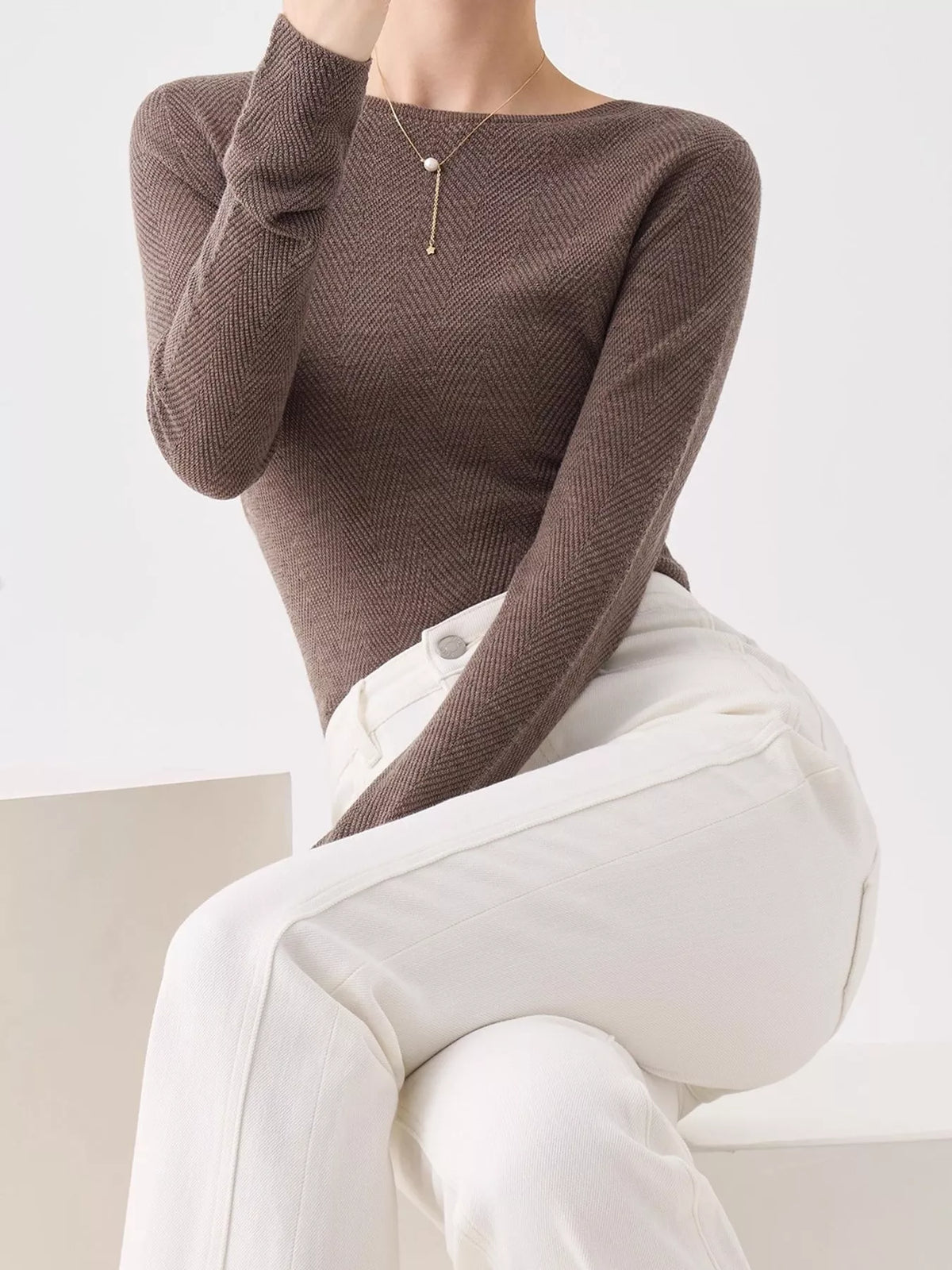 Brown herringbone knit sweater