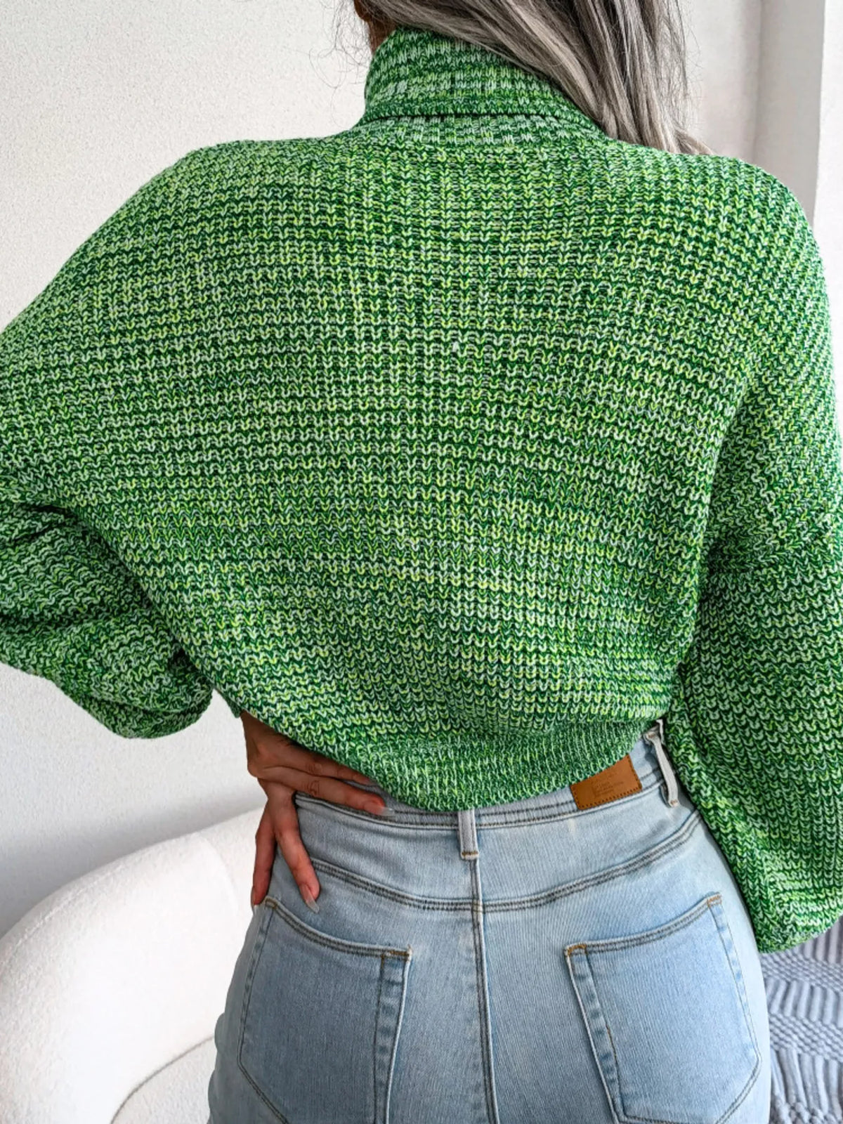 Turtleneck Dropped Shoulder Sweater in green, back view