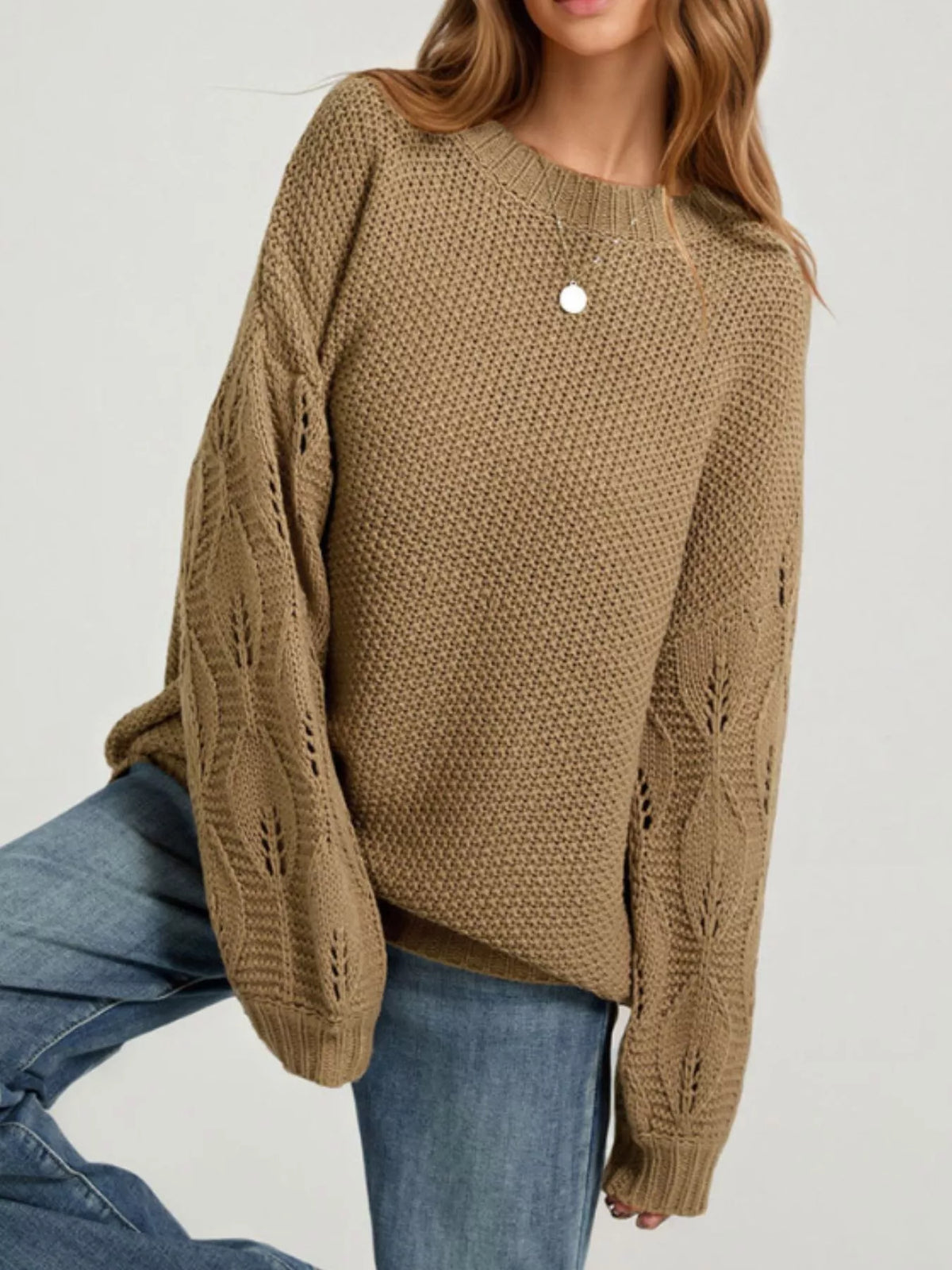 Trendsi Textured Knit Openwork Dropped Shoulder Sweater -