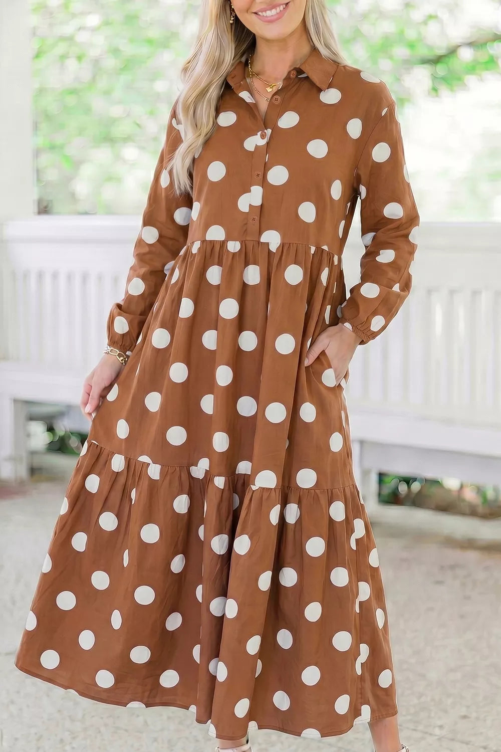Trendsi Polka Dot Button Front Long Sleeve Shift Dress -