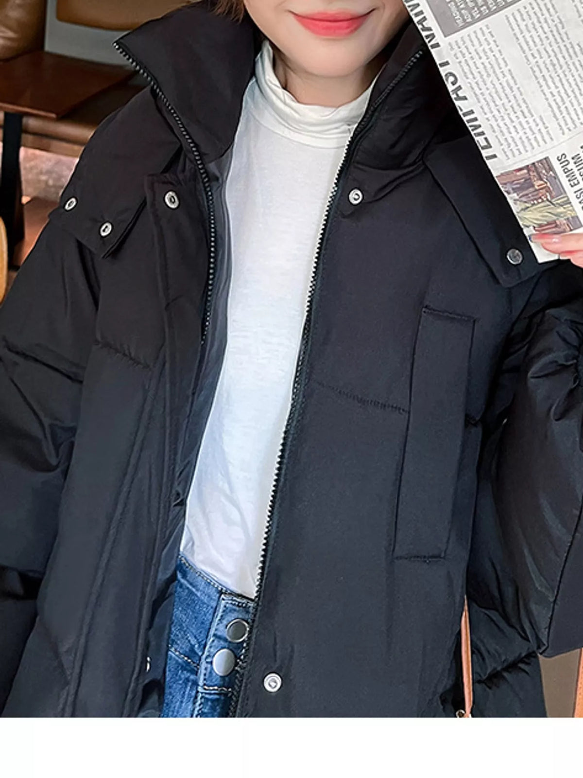 Longline puffer coat, black collar and zipper