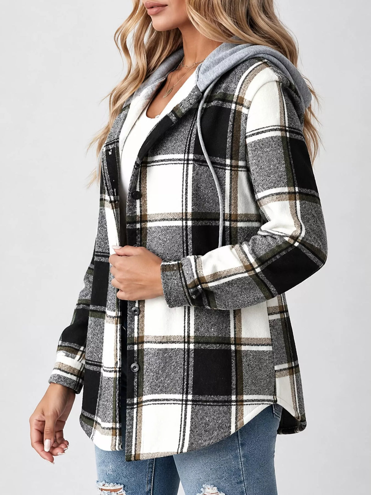 Button-Down Printed Contrast Hooded Shacket — side view