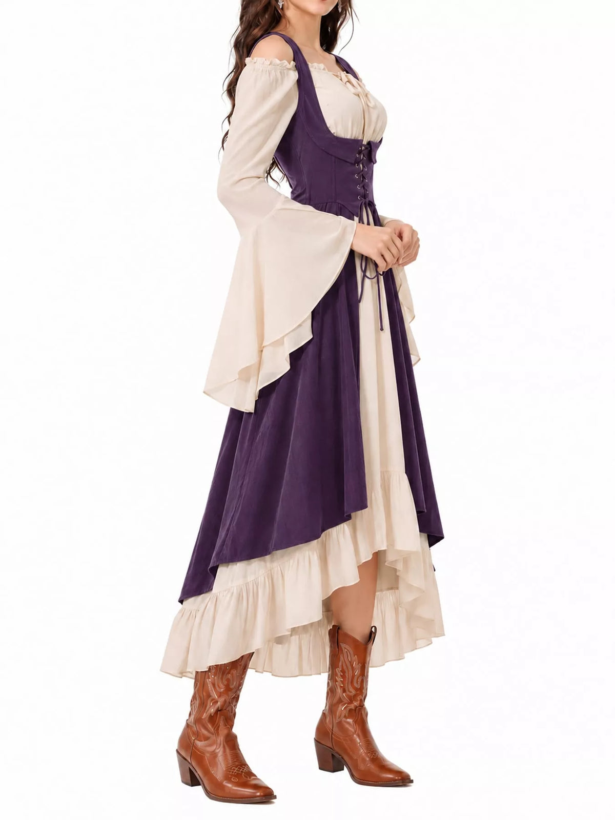 Purple corset style lace-up bell sleeve dress — side view