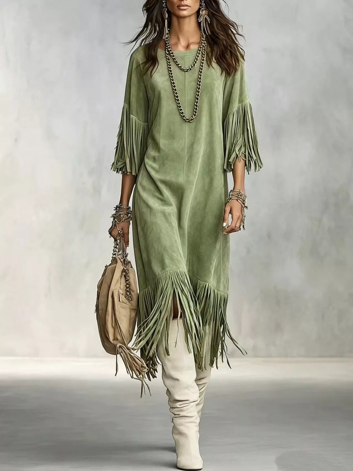 Green fringed asymmetric-hem midi dress, full front view