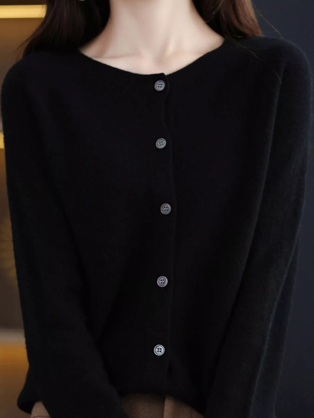 Round neck long sleeve cardigan, front view on model