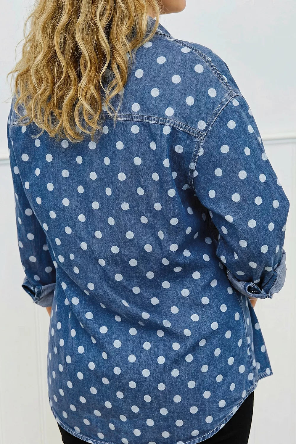 Trendsi Polka Dot Long Sleeve Collar Shift Tunic Denim Jacket -