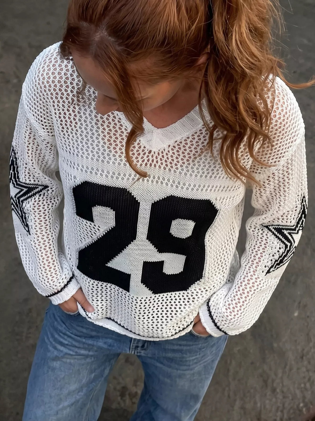 Women's Number 29 Openwork Knit Jersey Sweater in White, full-length view