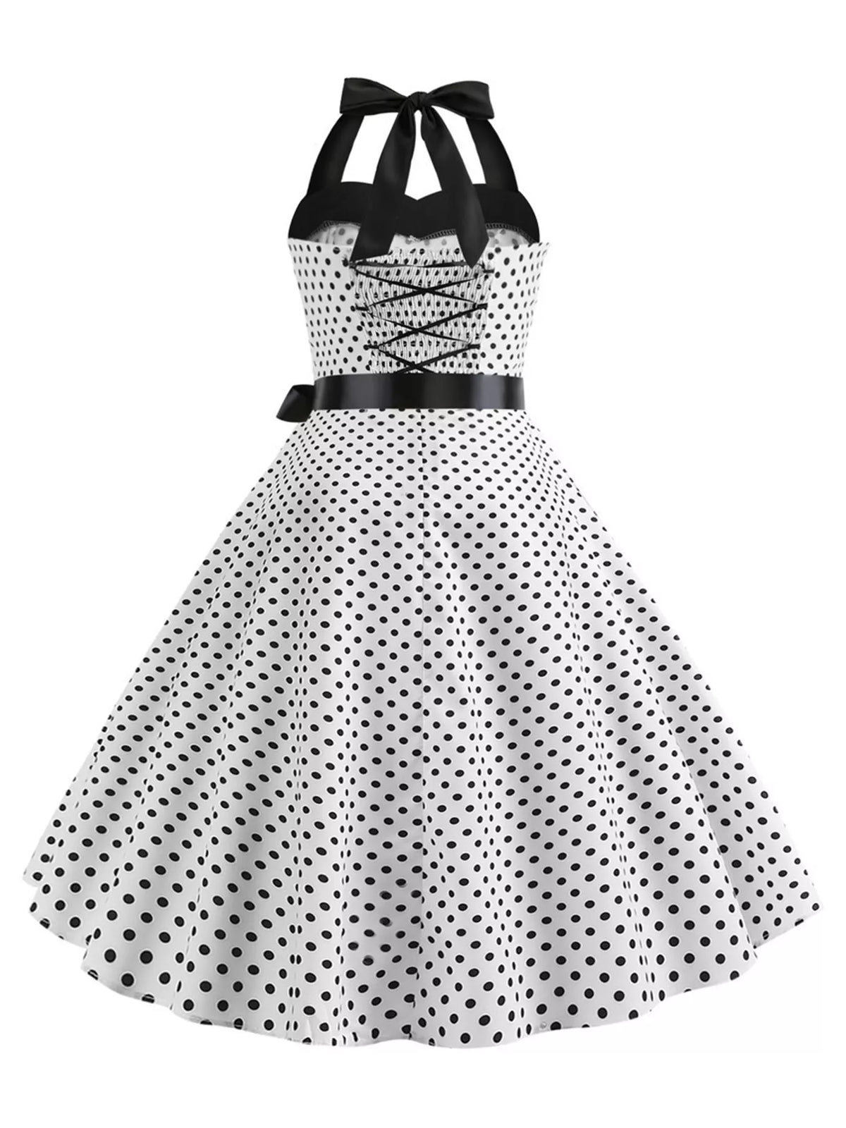 Halter neck sleeveless knee dress, back view