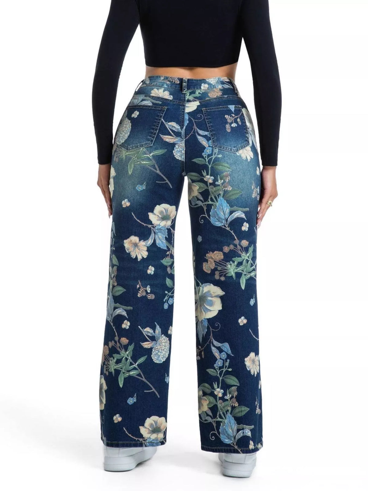 High-Waisted Floral Print Wide-Leg Jeans, back view