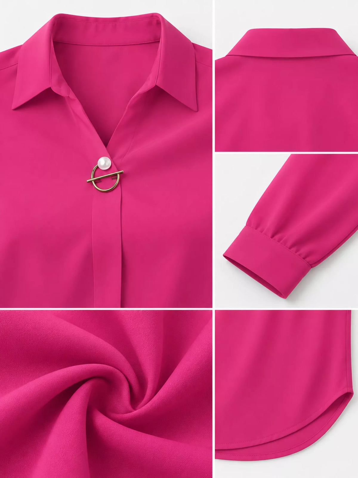 Women's Collared Clasp Detail Long Sleeve Satin Blouse in pink — detail collage view