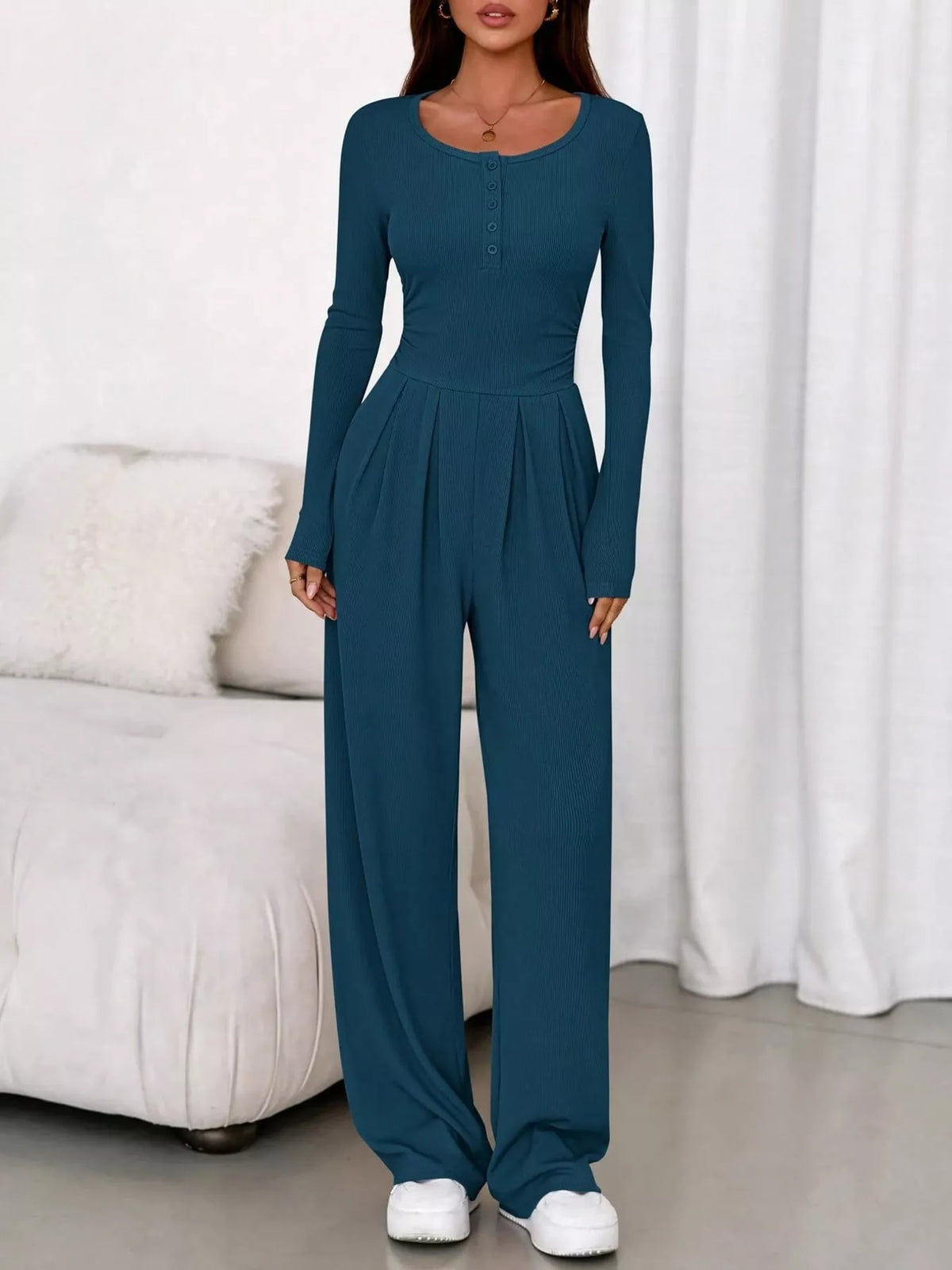 Long Sleeve Ribbed Knit Wide-Leg Jumpsuit — front view