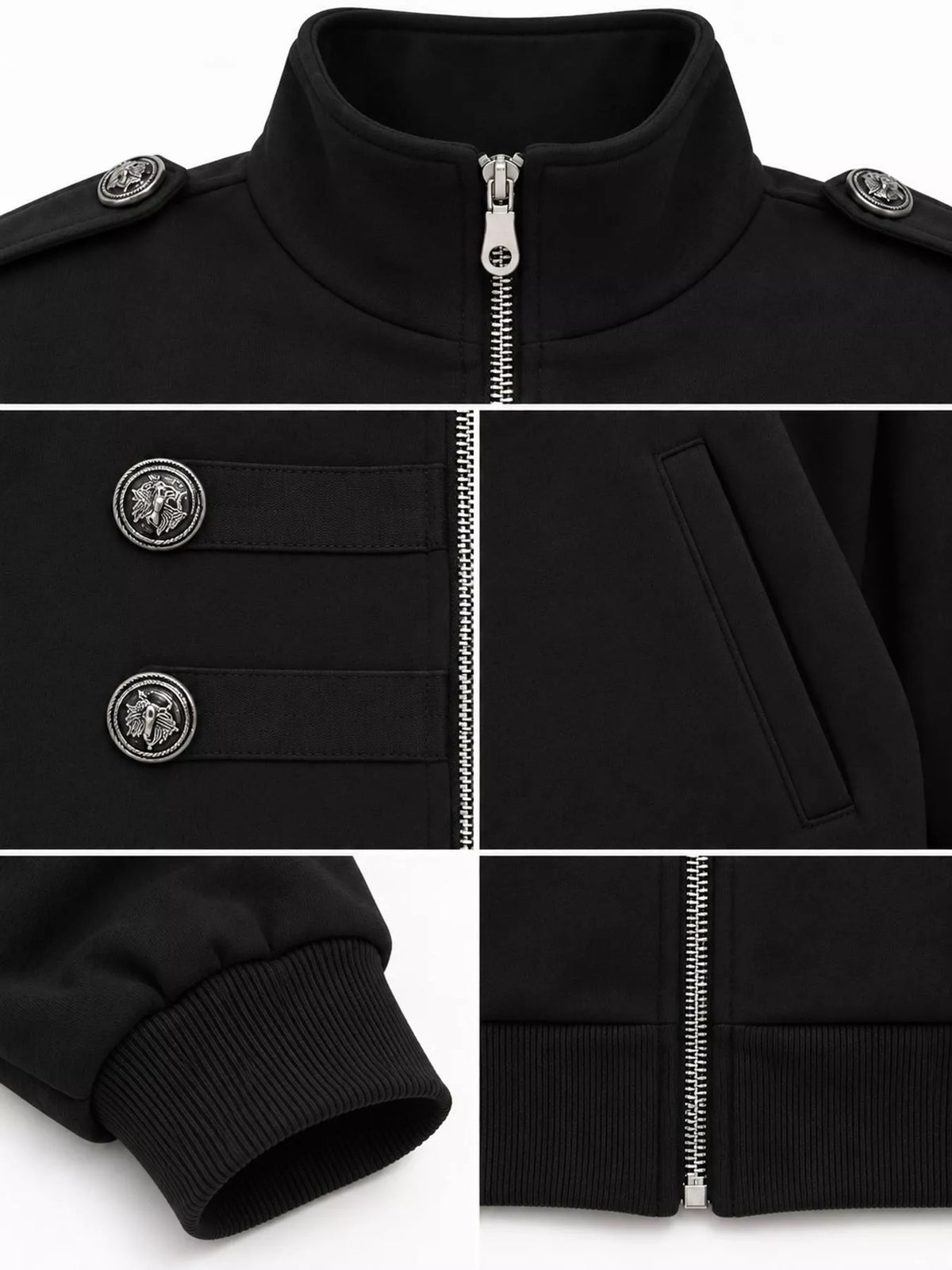 Black zip up long sleeve jacket, detail view