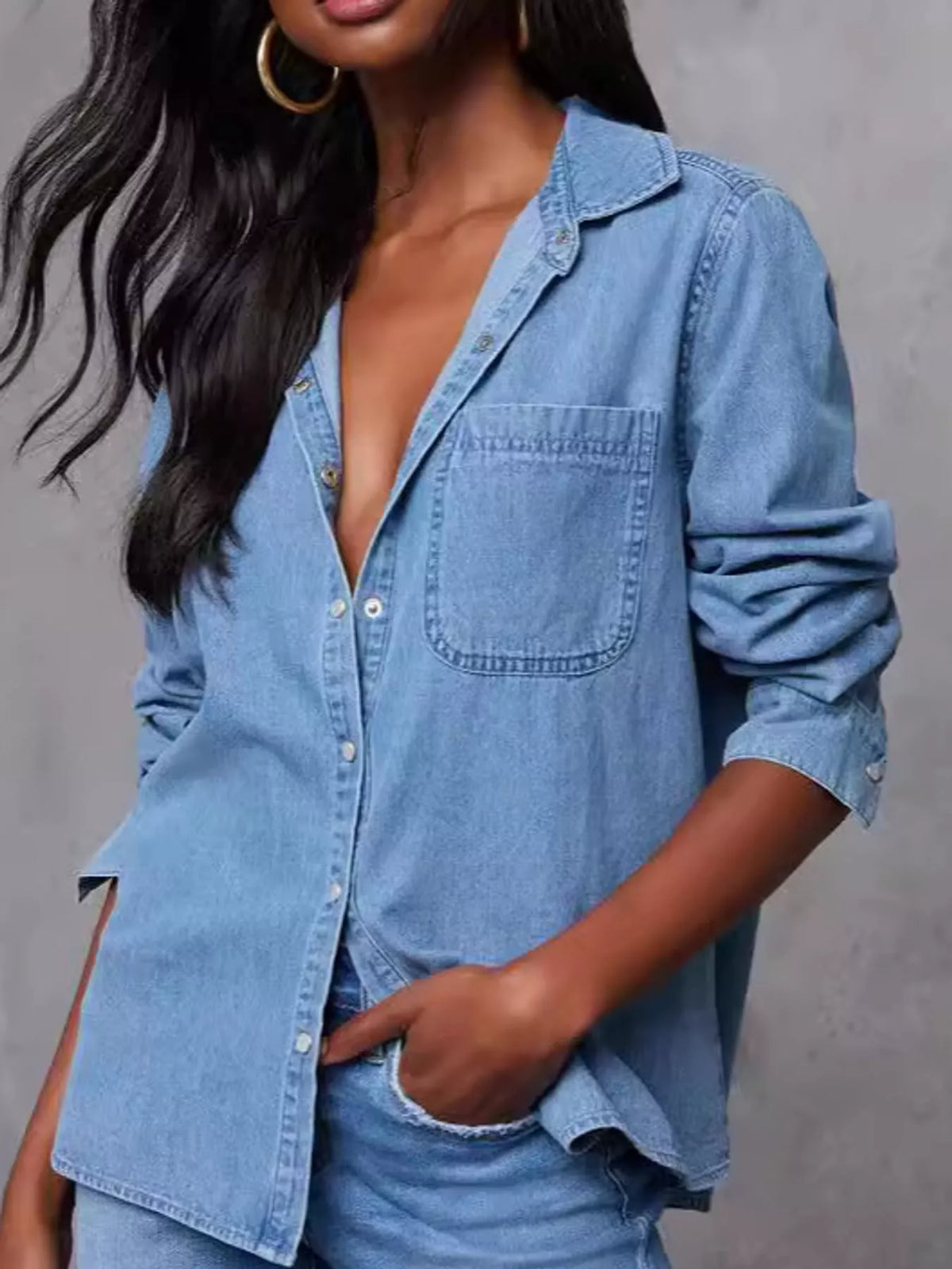 Snap Down Denim Shirt in denim blue, front view