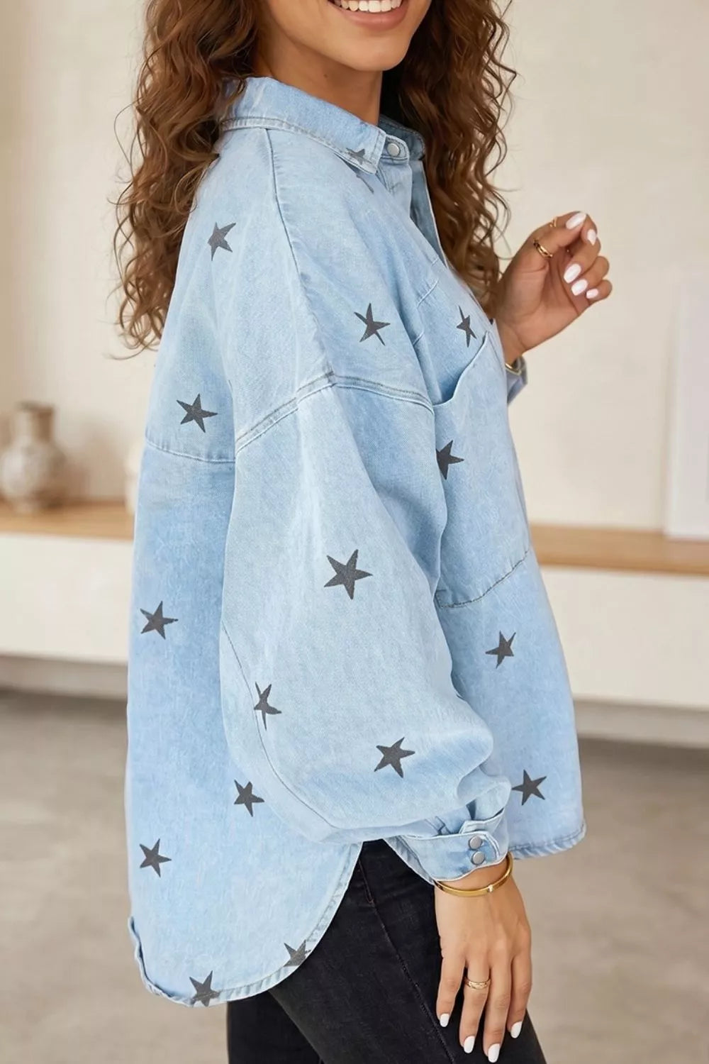 Trendsi Light Wash Star Print Denim Jacket -