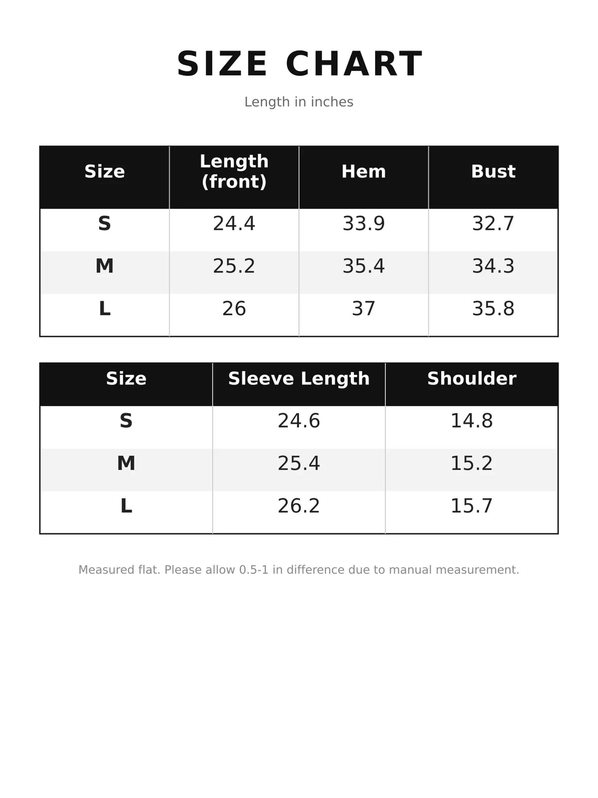 Round neck long sleeve t-shirt, size and measurement chart