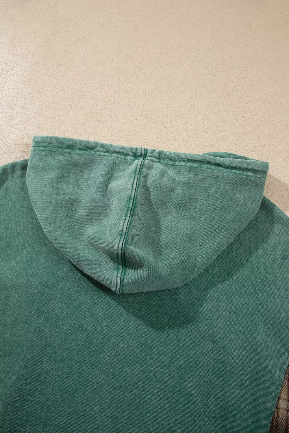 Plaid Kangaroo Pocket Hoodie in green, back hood detail
