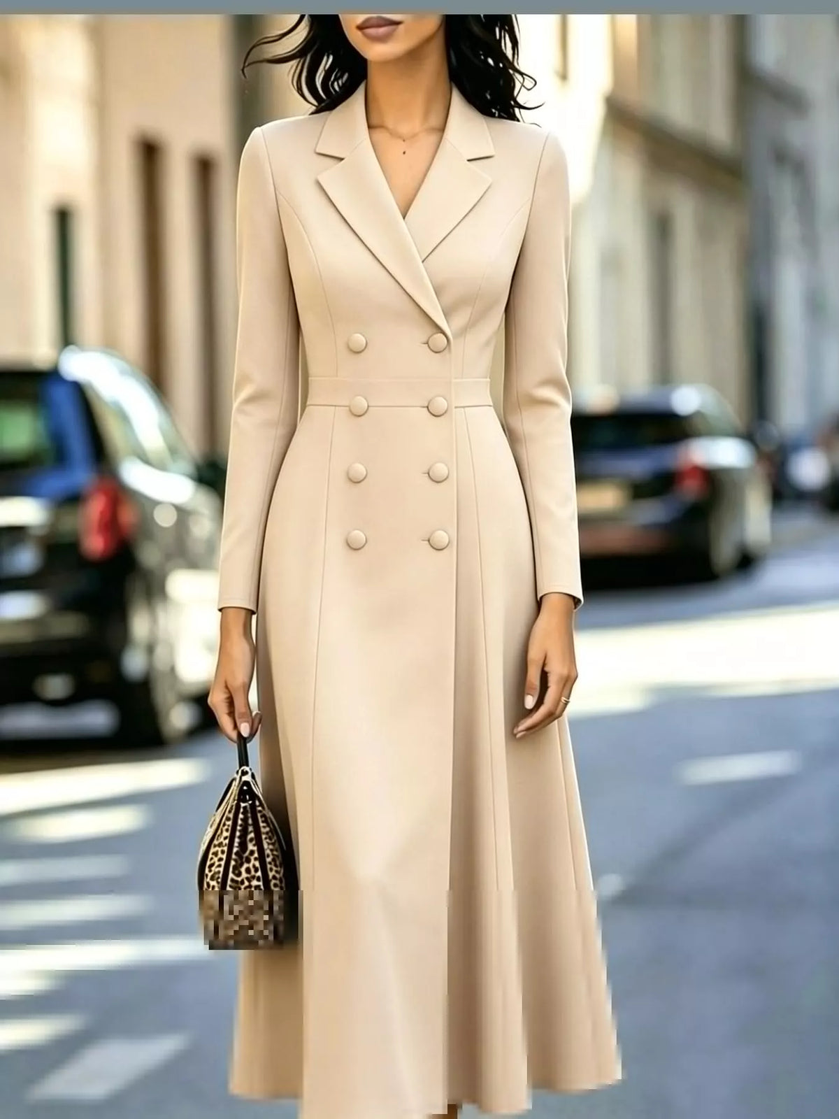 Beige double-breasted lapel collar midi dress — front view