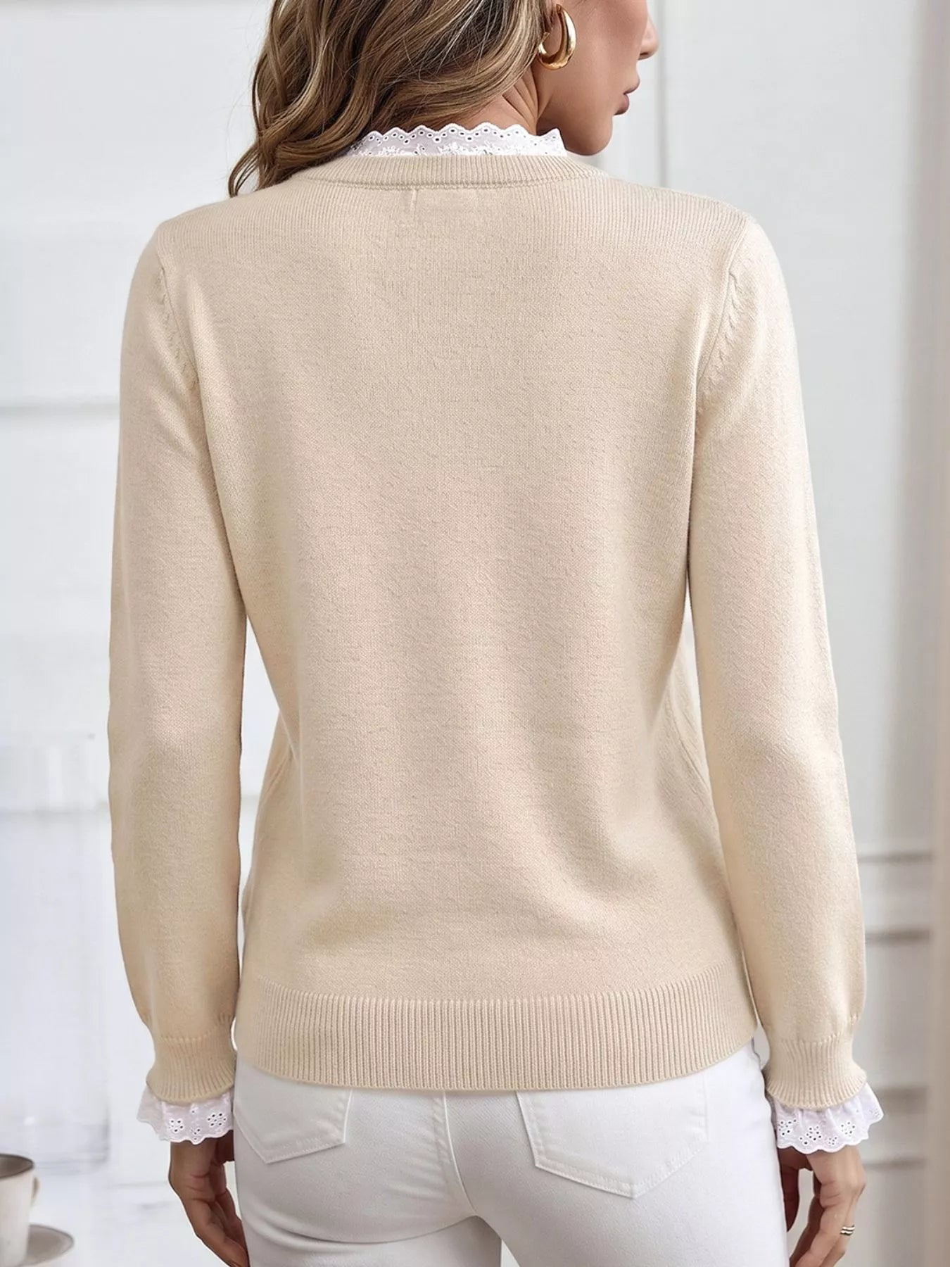 Trendsi Elegant Lace Trim Round Neck Sweater -