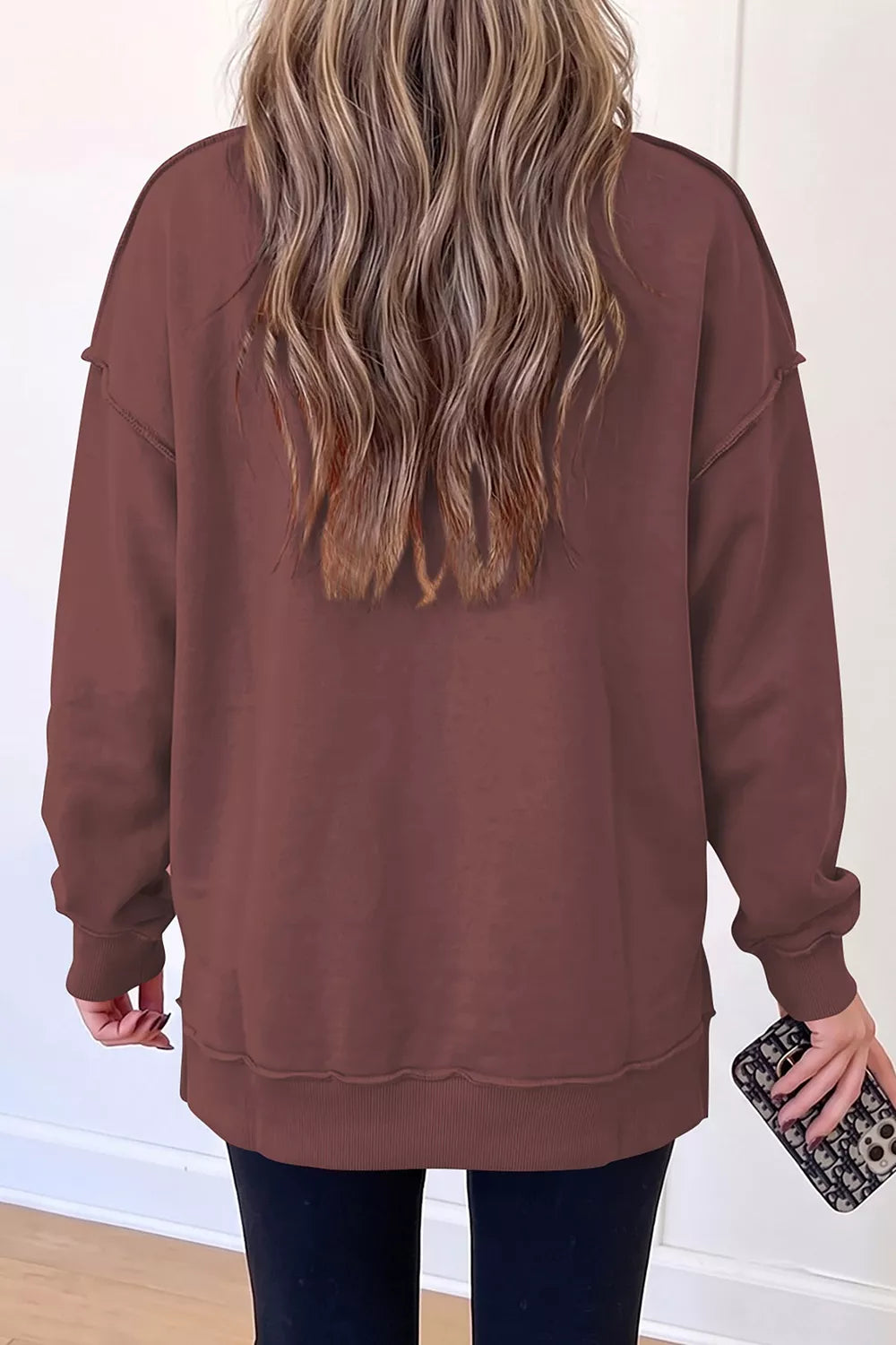 Brown thanksgiving high neck graphic sweatshirt, back view