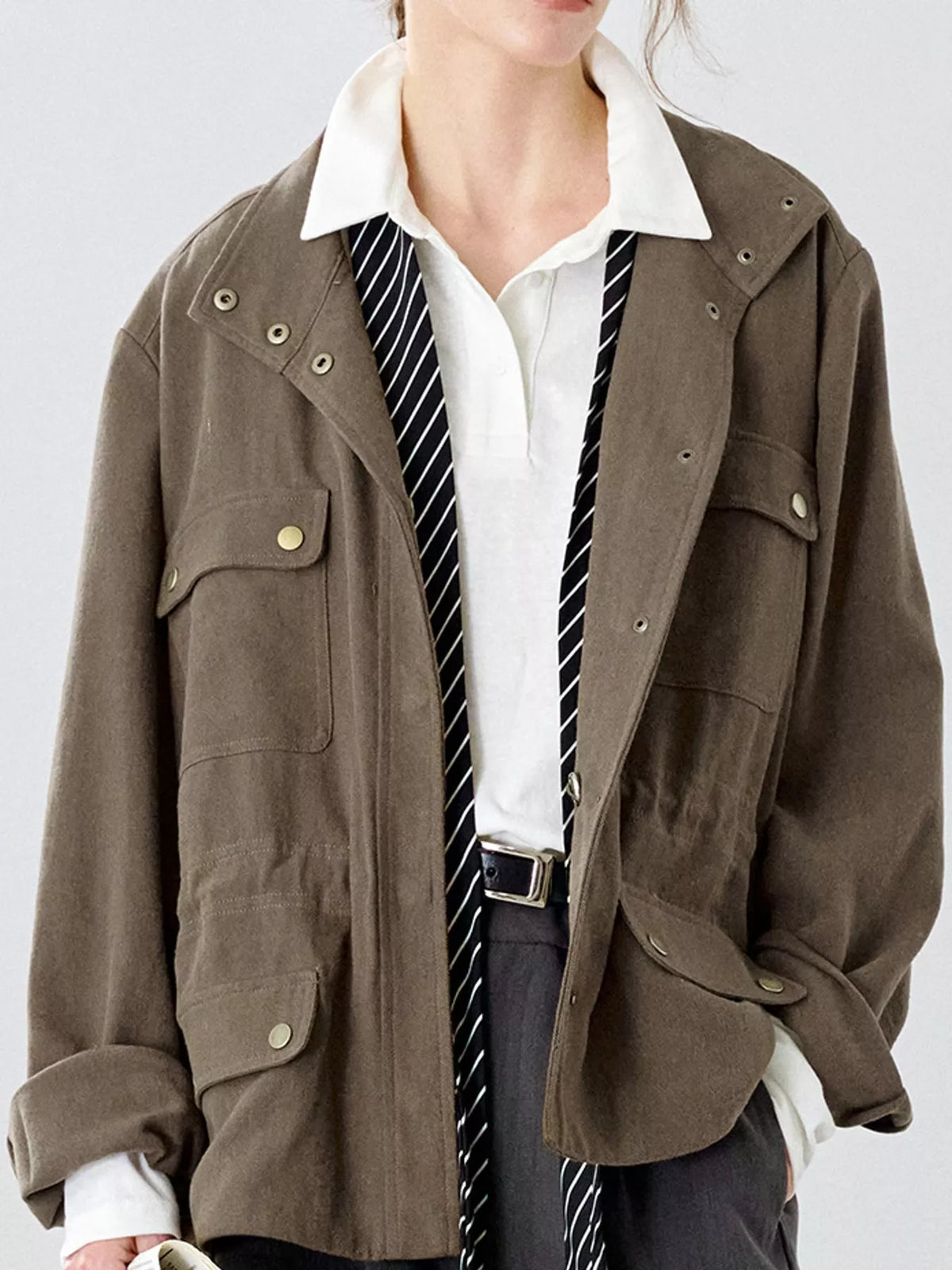 Drawstring utility jacket, brown open front