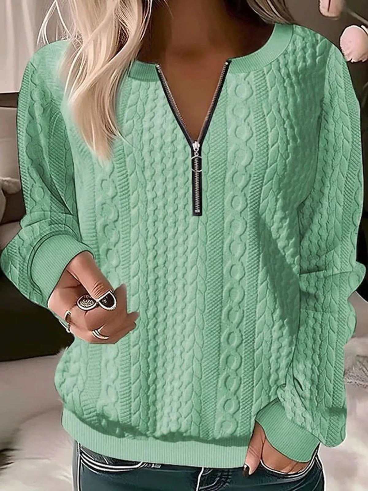 Quarter-Zip Cable Knit Sweatshirt — front view