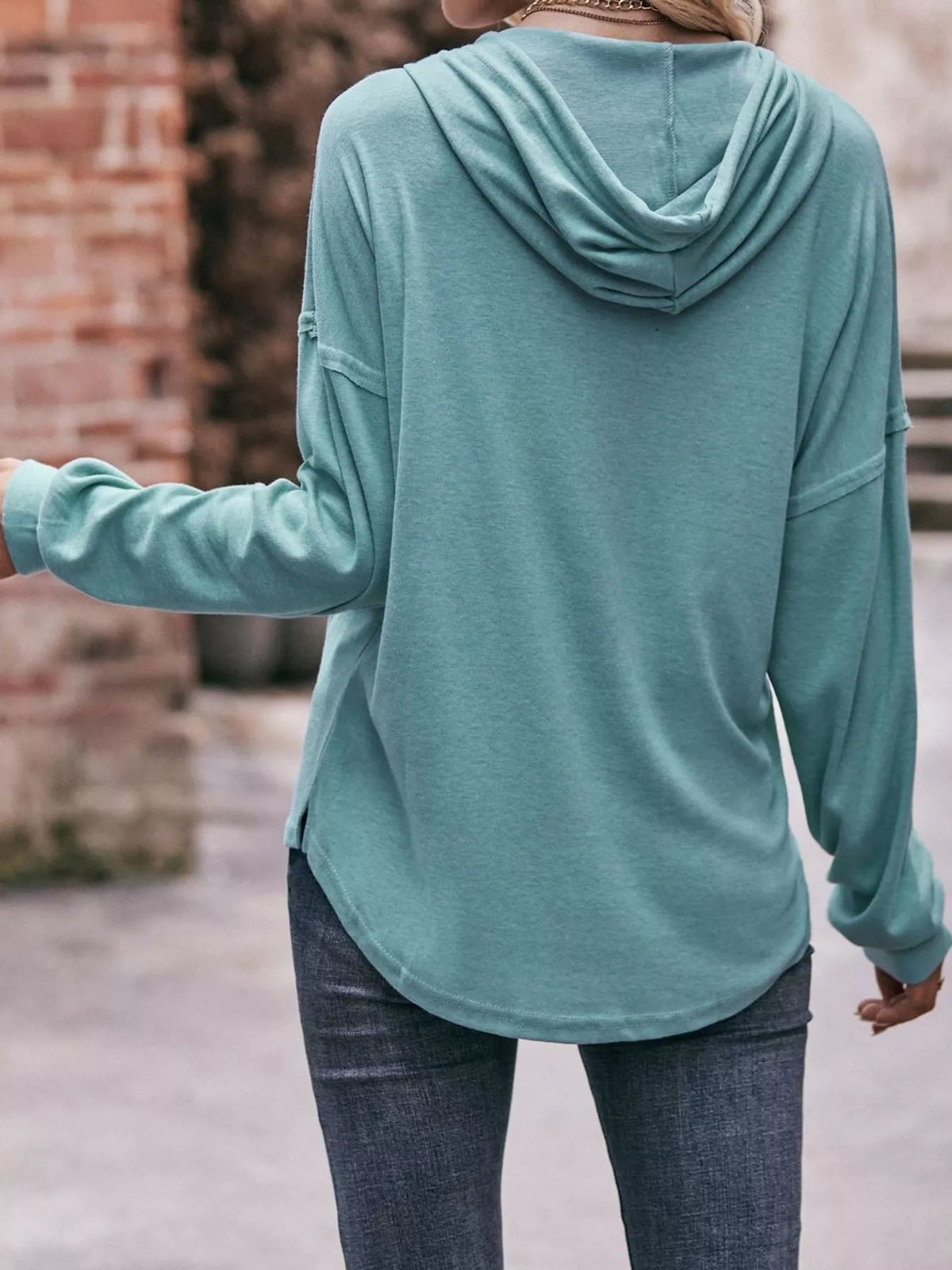 Women's Button Placket Drawstring Dropped Shoulder Hoodie in teal — back view
