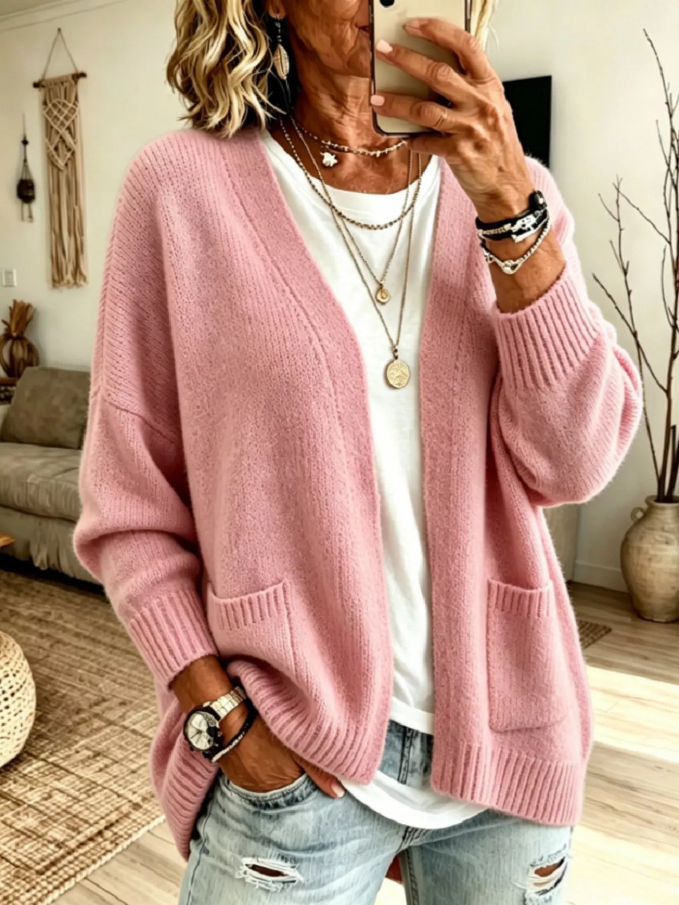 Trendsi Open Front Knit Cardigan with Pockets -
