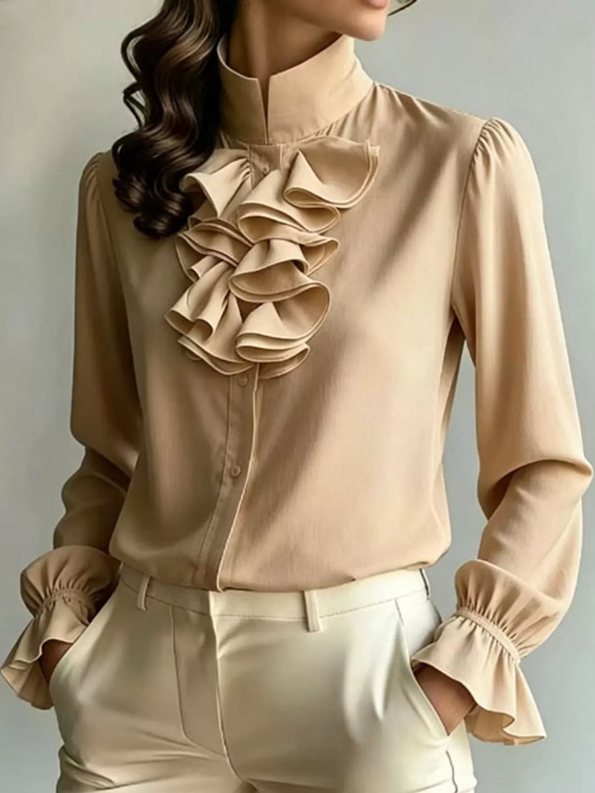 Ruffled Stand-Collar Blouse with Long Lantern Sleeves, front view